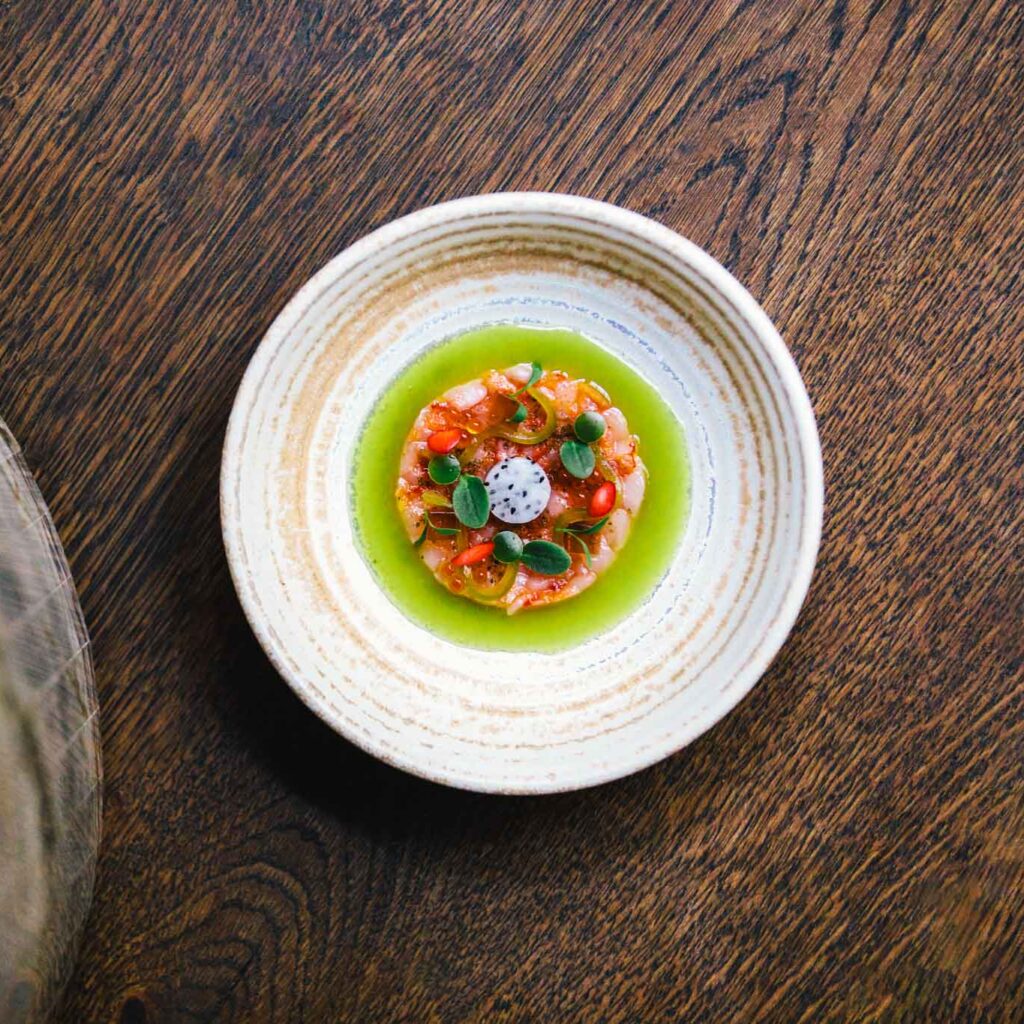 Carabinero shrimp dish at até, Amsterdam's smallest chef's table restaurant by Chef Filip Hanlo in luxury boutique hotel The Dylan Amsterdam